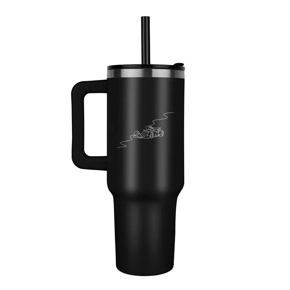 black water bottle tumbler featuring fan inspired F1 track and race car 