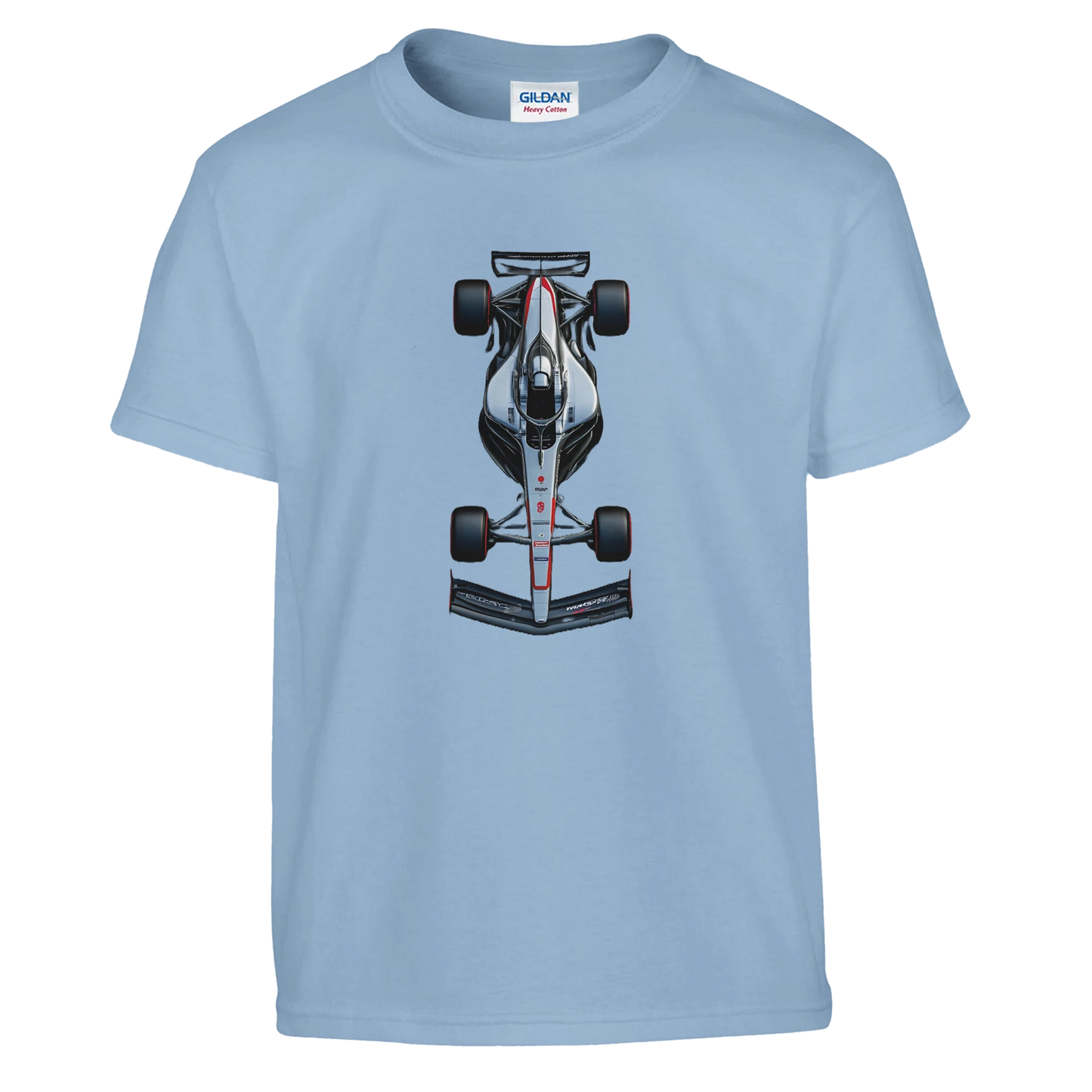 blue f1 fan inspired merch t-shirt featuring an illustrated F1 race car