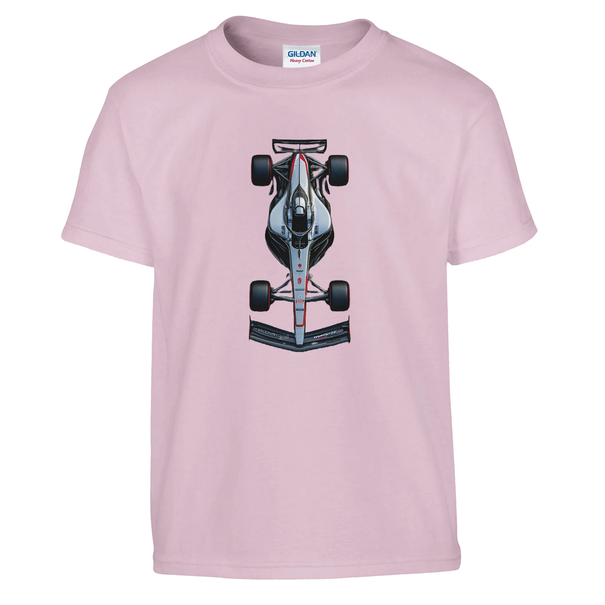f1 pink fan inspired merch t-shirt featuring an illustrated F1 race car