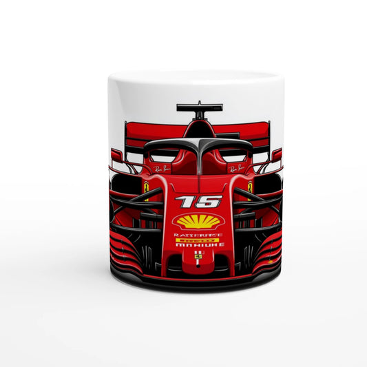 front view of F1 mug in white featuring red F1 race car