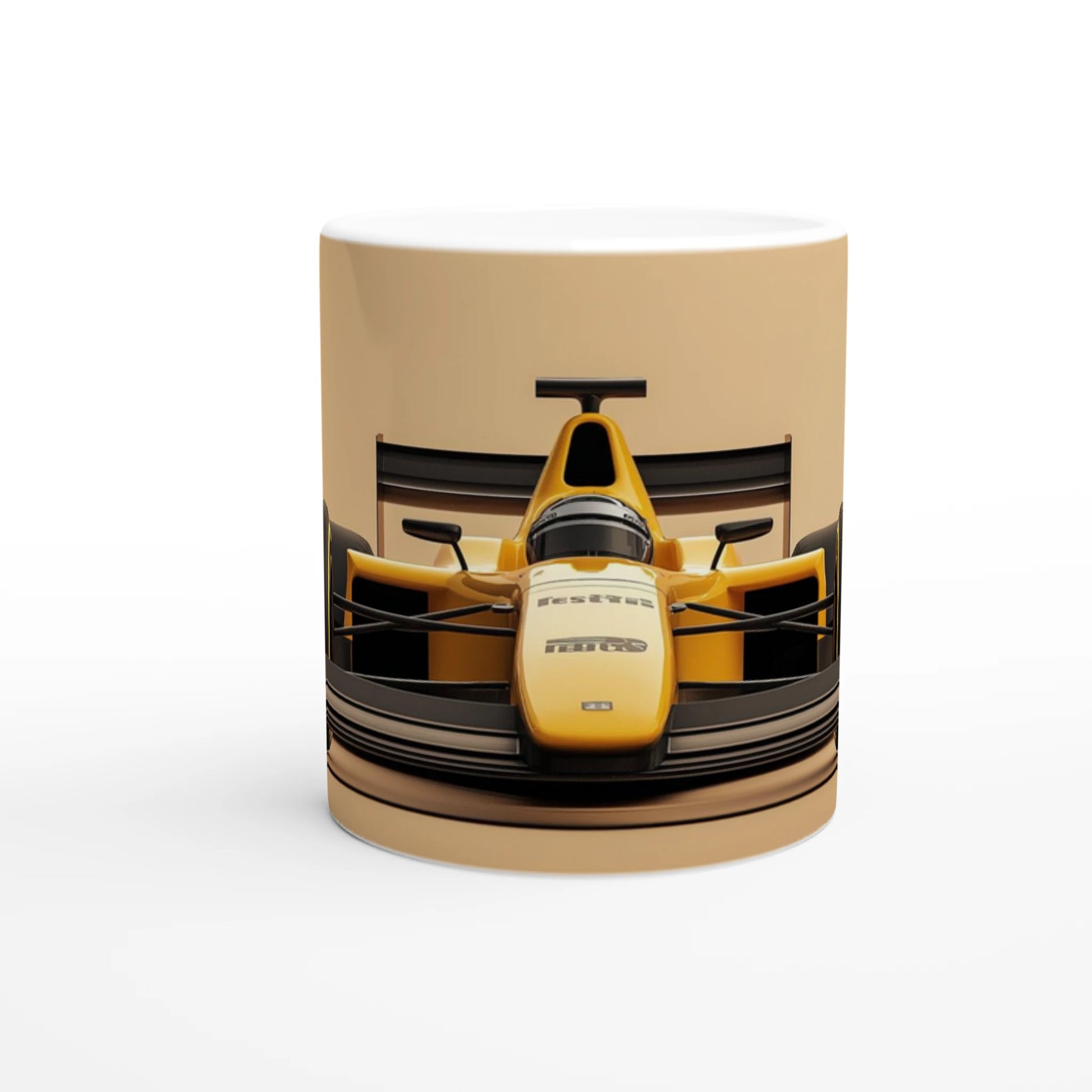 front view of an F1 mug featuring a yellow F1 race car 