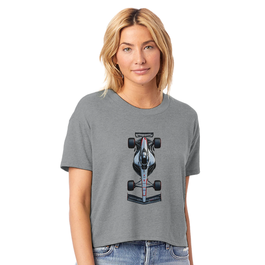 grey Womens cropped F1 fan inspired merch Tshirt featuring illustrated F1 race car