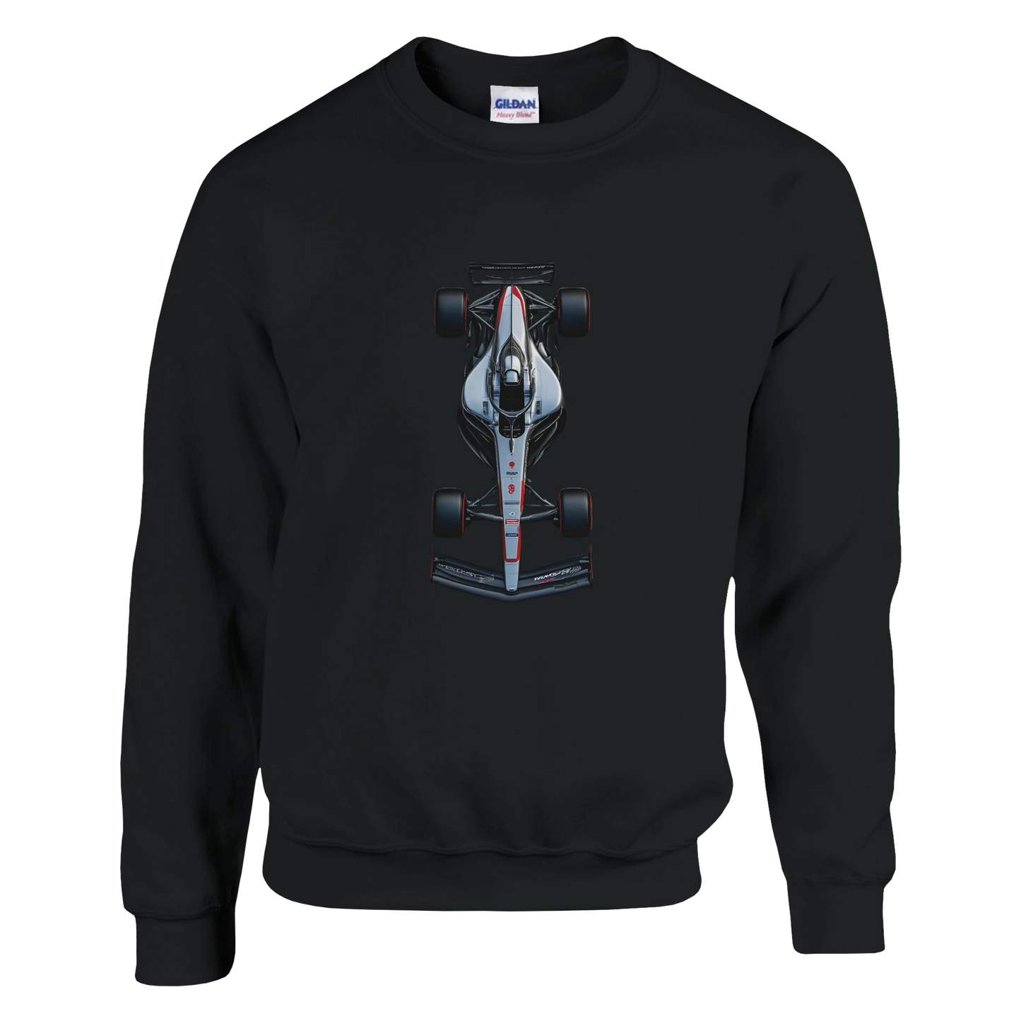 long sleeved F1 fan merch crewneck sweater in black featuring illustrated F1 race car