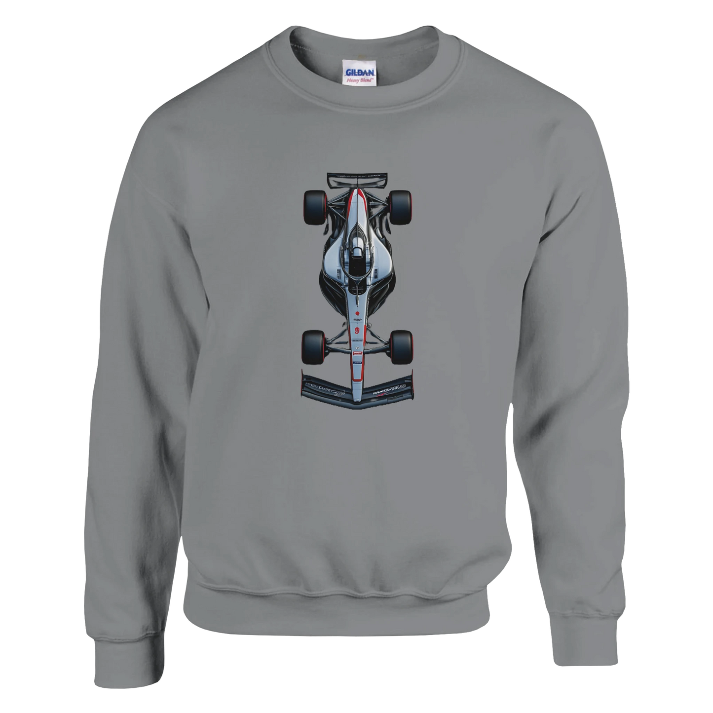long sleeved F1 fan merch crewneck sweater in grey featuring illustrated F1 race car