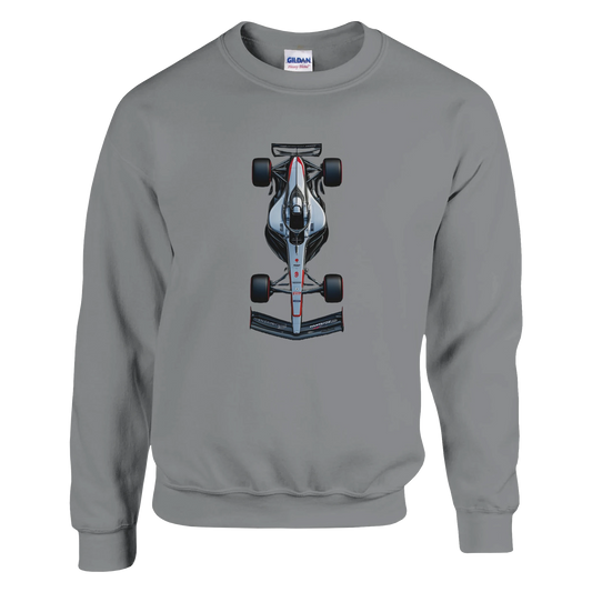 long sleeved F1 fan merch crewneck sweater in grey featuring illustrated F1 race car
