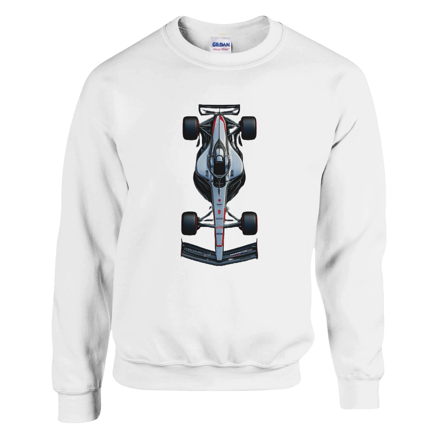 long sleeved white F1 fan merch crewneck sweater featuring illustrated F1 race car