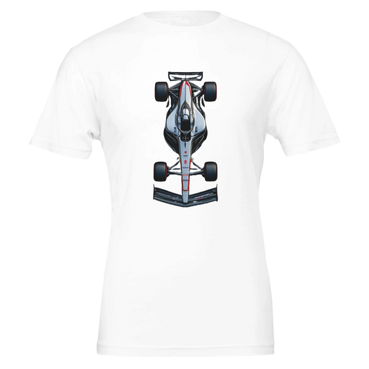 short sleeved F1 fan merch t-shirt in white featuring illustrated F1 race car