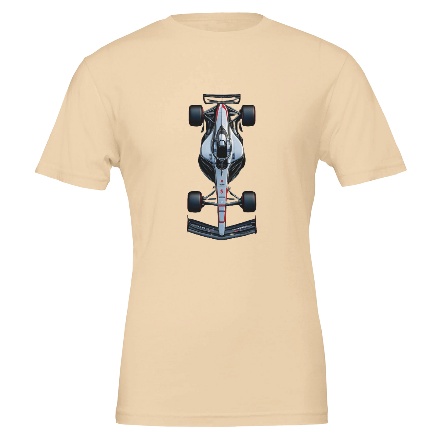 short sleeved F1 fan merch t-shirt in yellow featuring illustrated F1 race car