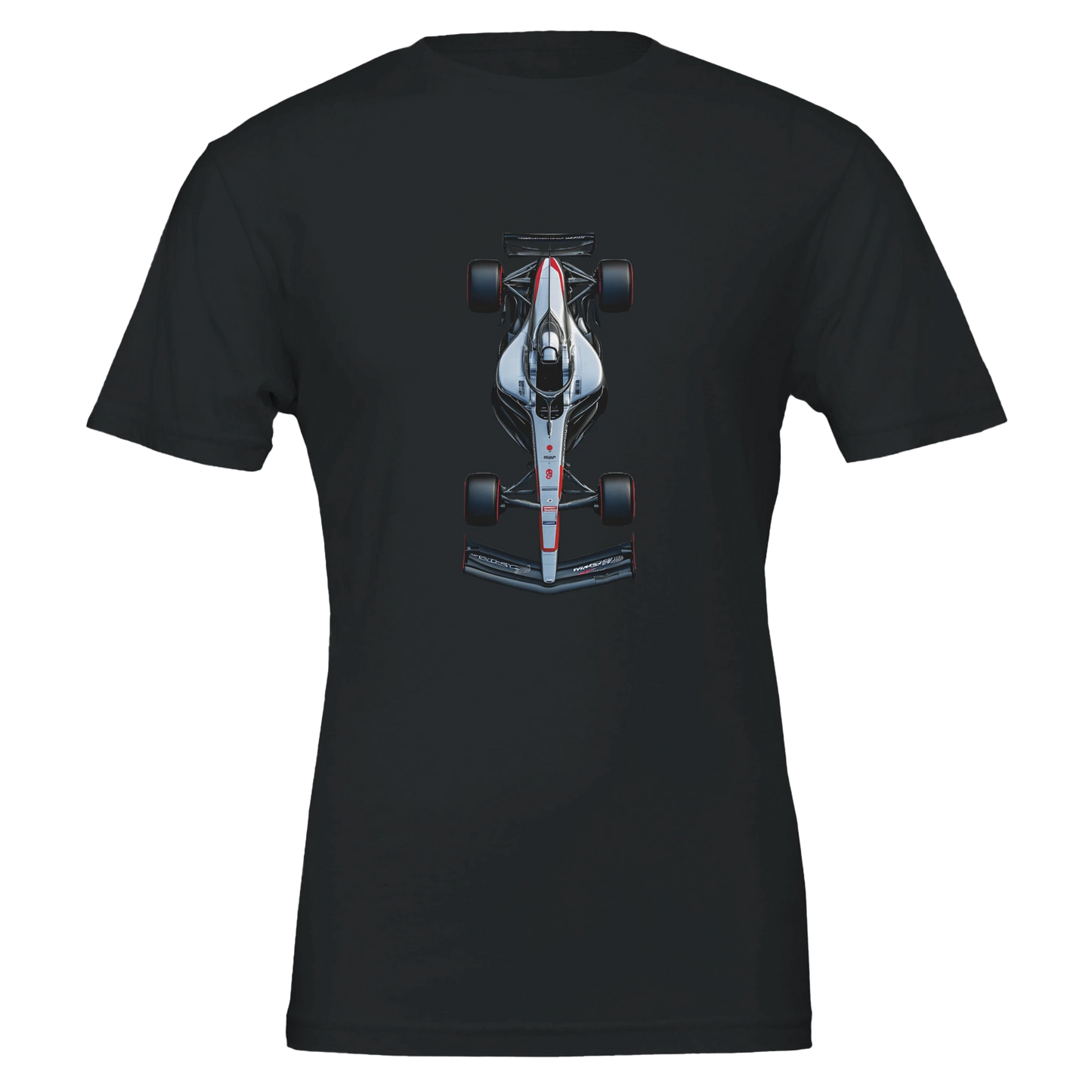 short sleeved F1 fan merch t-shirt sweater in black featuring illustrated F1 race car