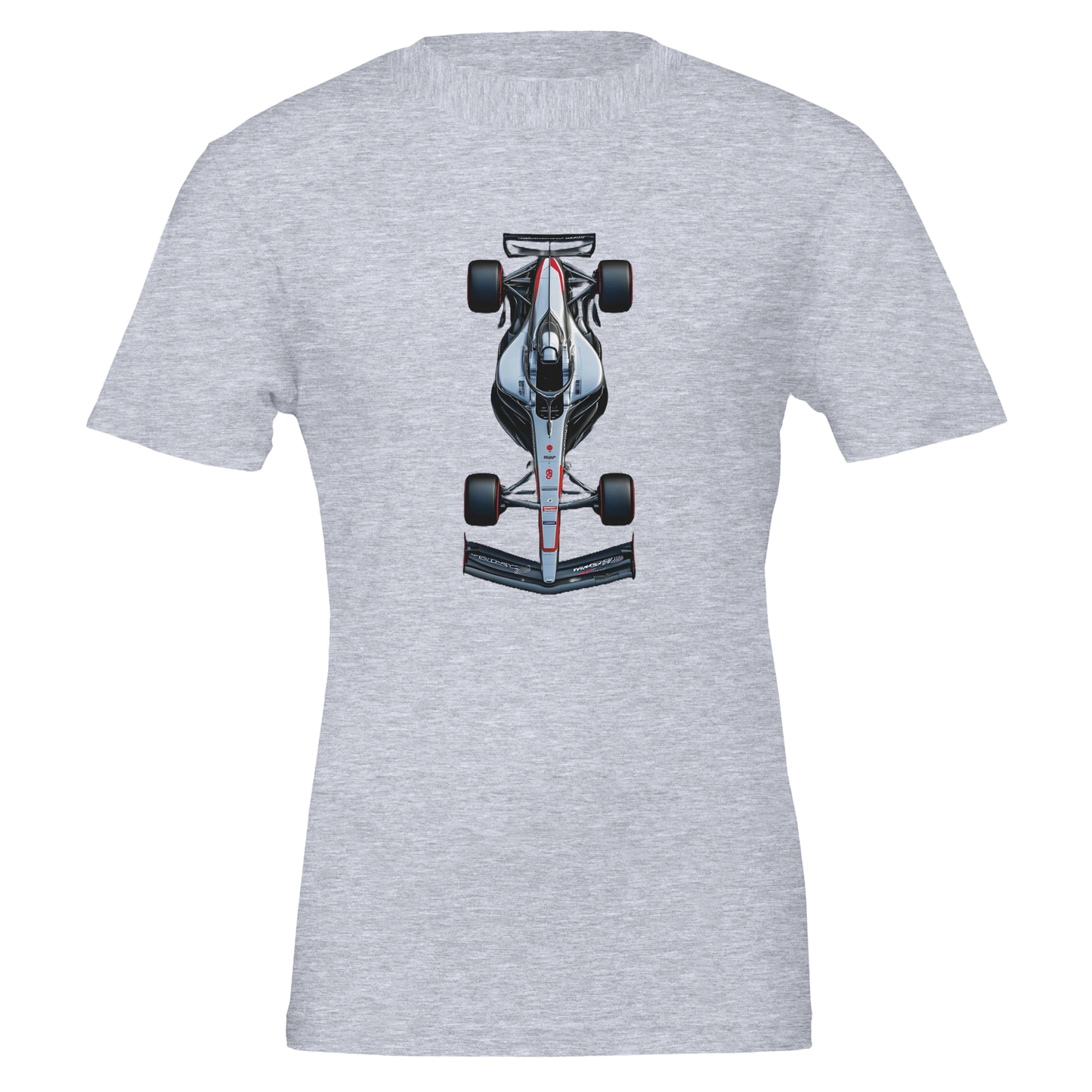 short sleeved F1 fan merch t-shirt sweater in grey featuring illustrated F1 race car