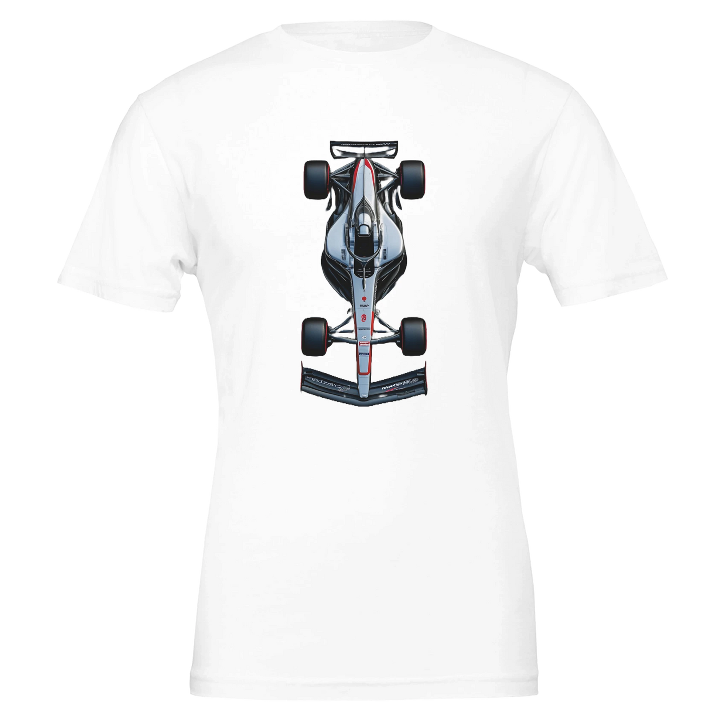 short sleeved F1 fan merch t-shirt sweater in white featuring illustrated F1 race car