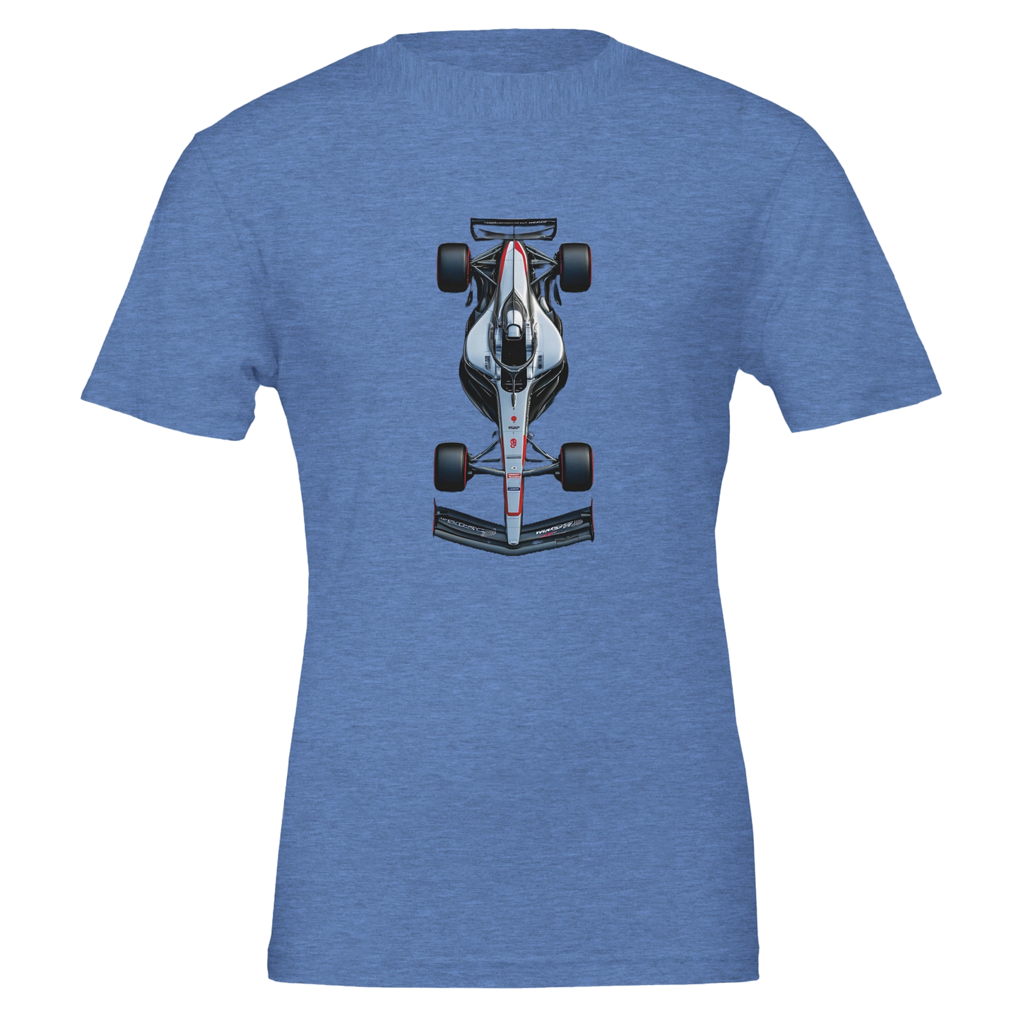 short sleeved blue F1 fan merch t-shirt sweater featuring illustrated F1 race car