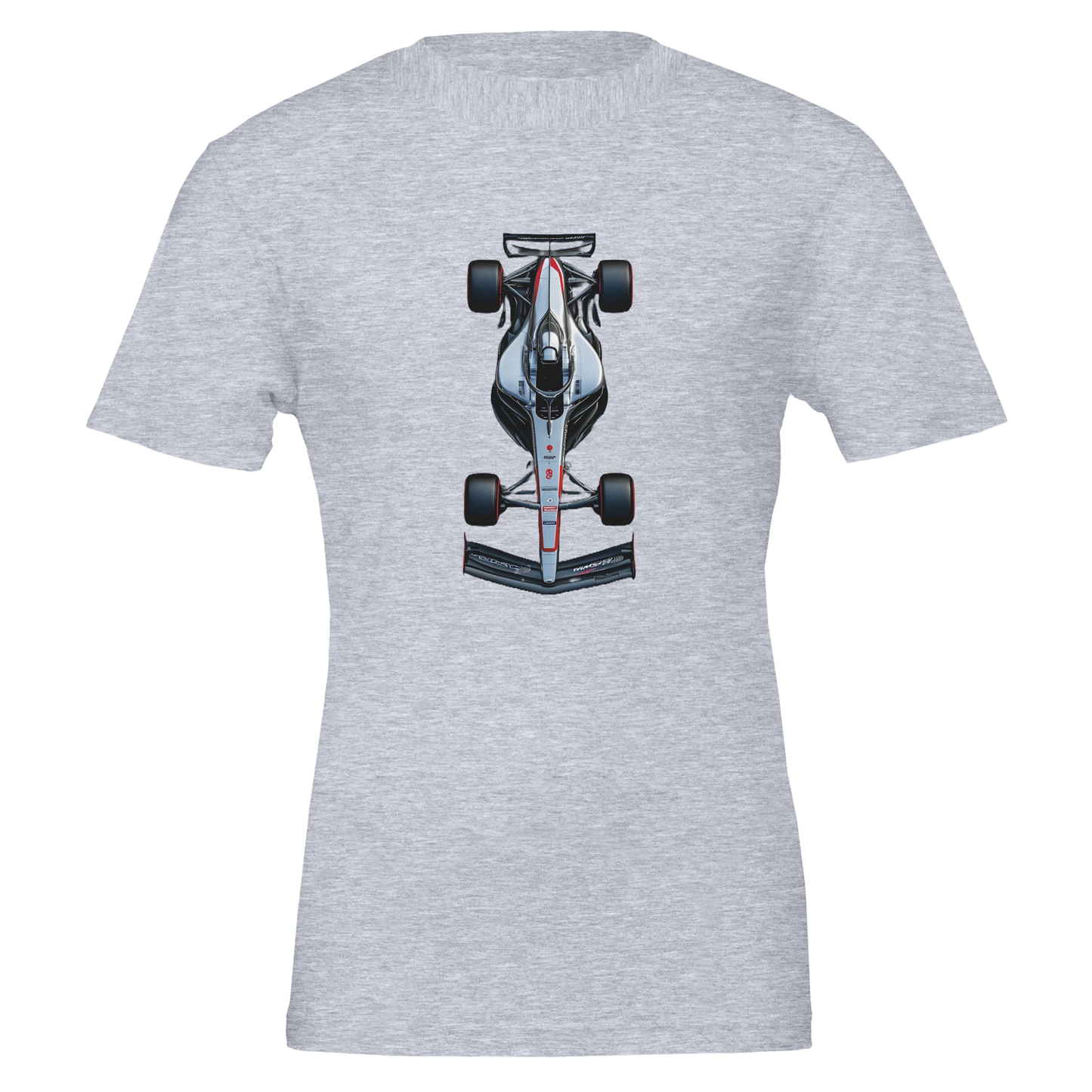 short sleeved grey F1 fan merch t-shirt sweater featuring illustrated F1 race car