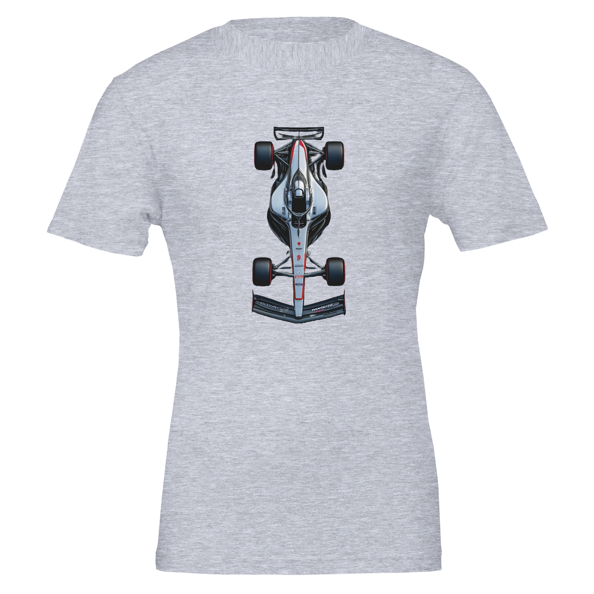 short sleeved grey F1 fan merch t-shirt sweater featuring illustrated F1 race car