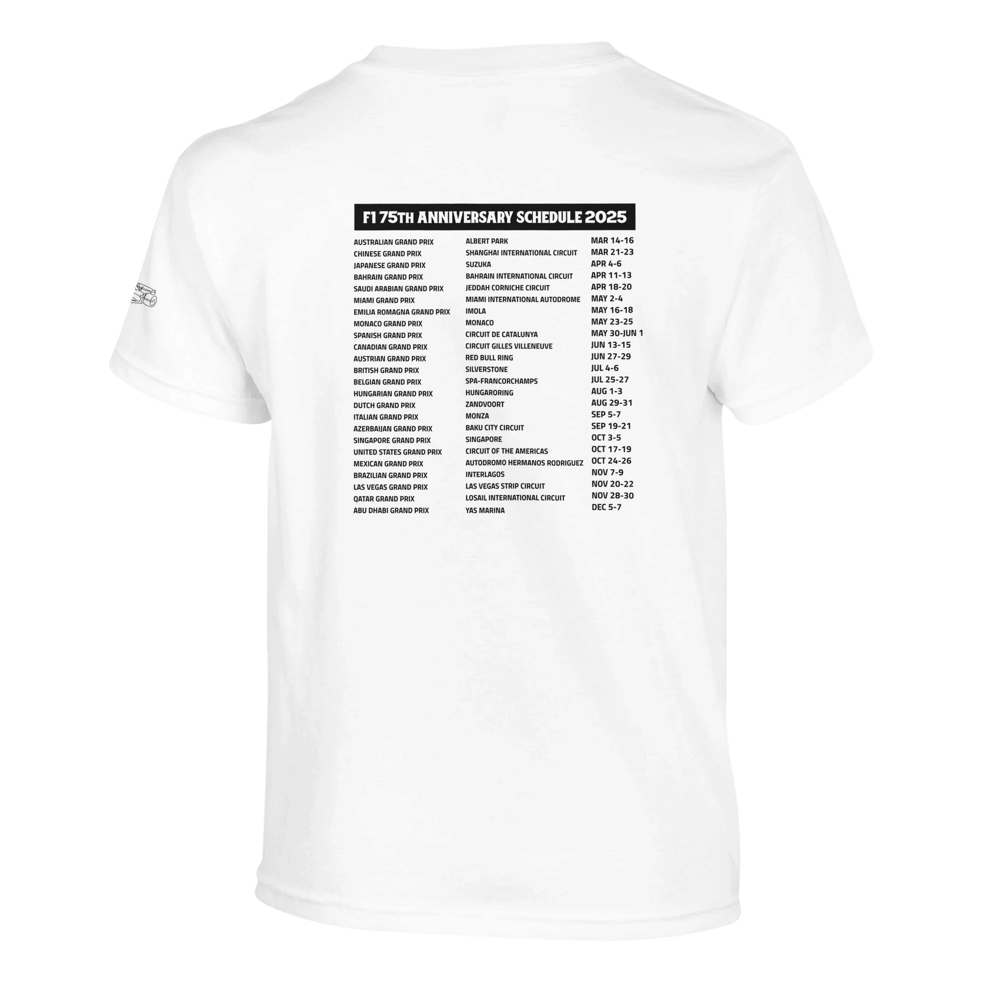short sleeved white F1 fan merch tshirt  from Race Day Fans featuring 2025 schedule