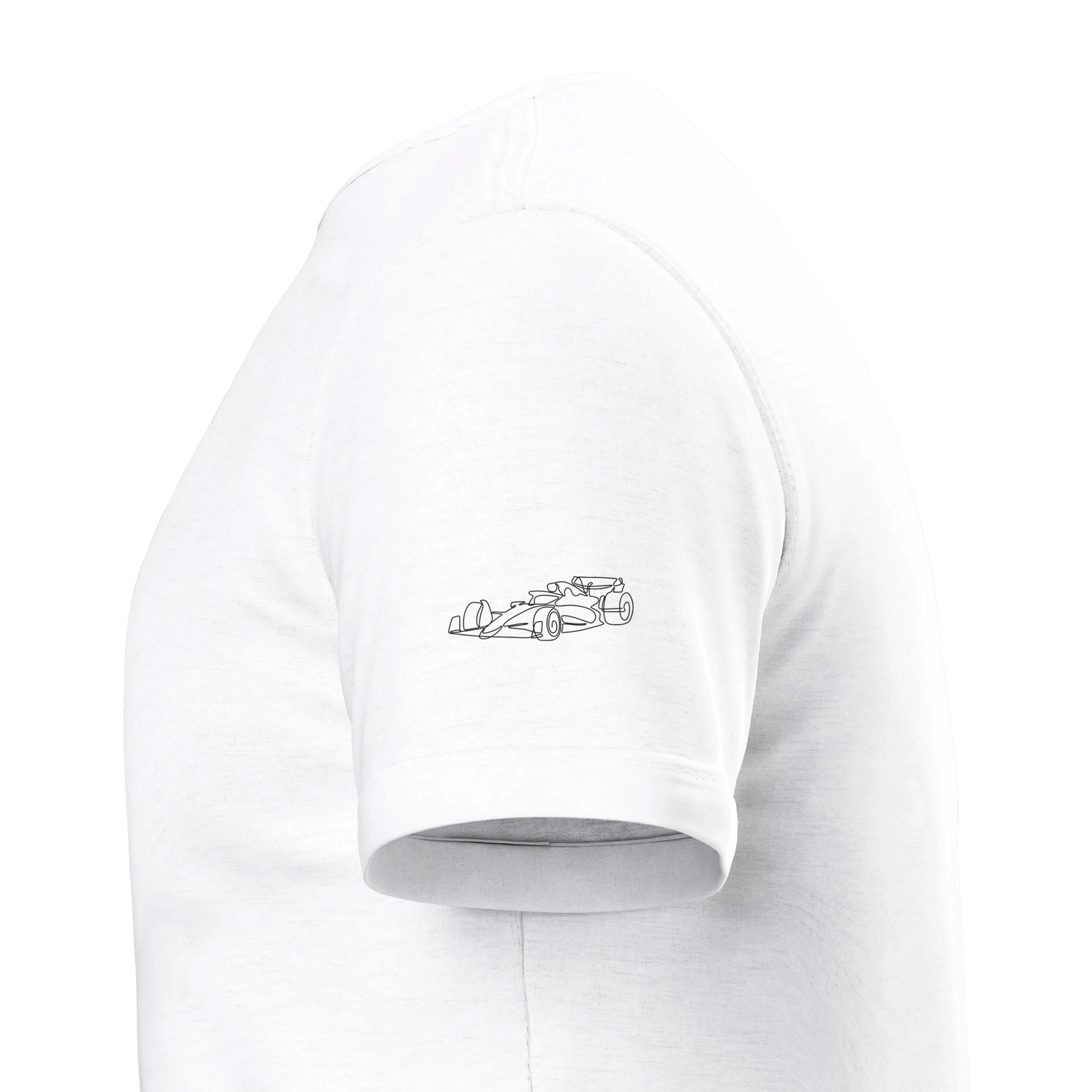 short sleeved white F1 fan merch tshirt  from Race Day Fans with race car on the sleeve