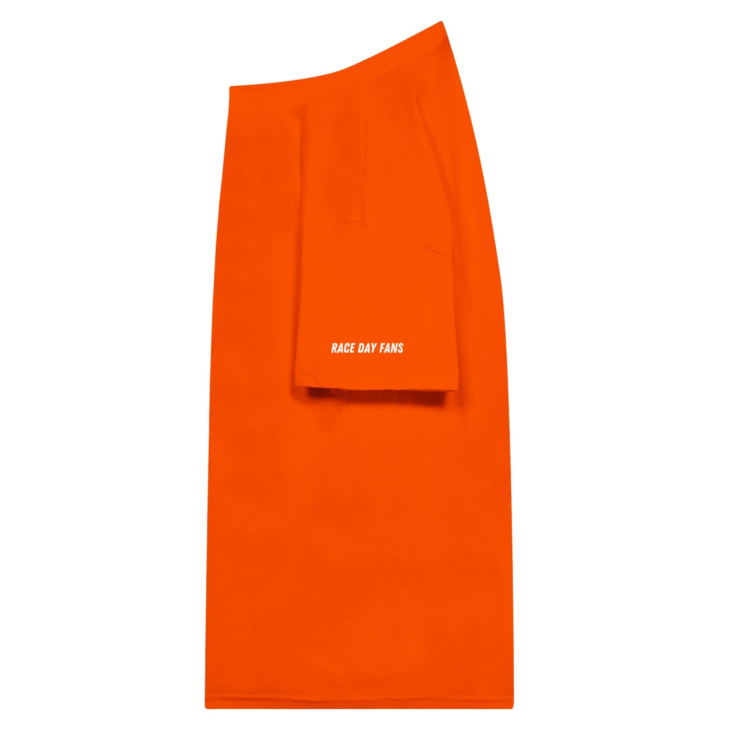 side view of orange F1 inspired t-shirt 