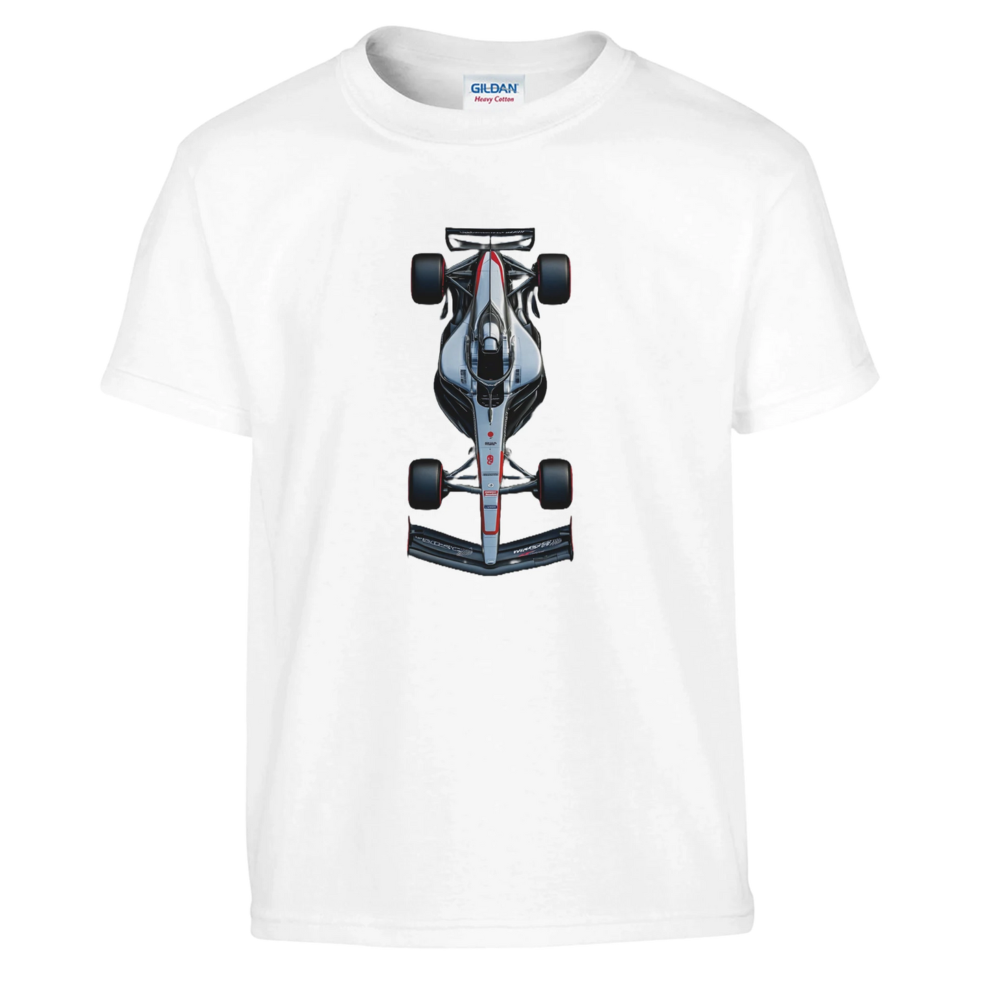 white f1 fan inspired merch t-shirt featuring an illustrated F1 race car