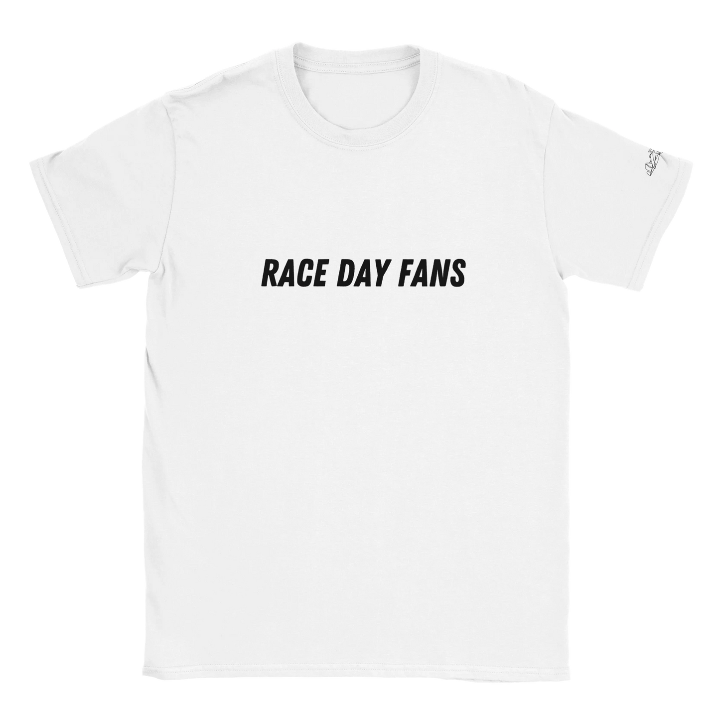 white short sleeved F1 fan merch Tshirt featuring race day fans text logo