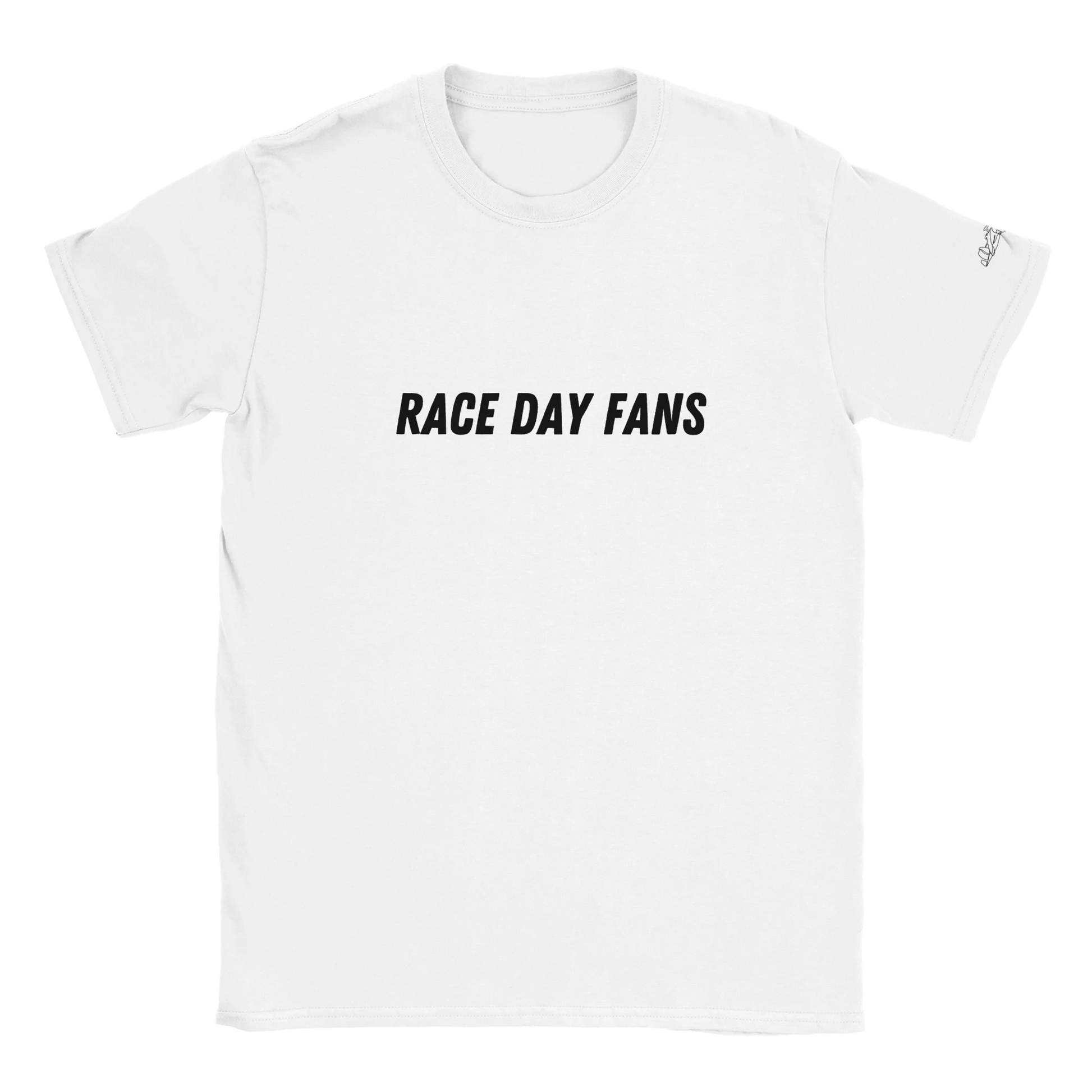 white short sleeved F1 fan merch Tshirt featuring race day fans text logo