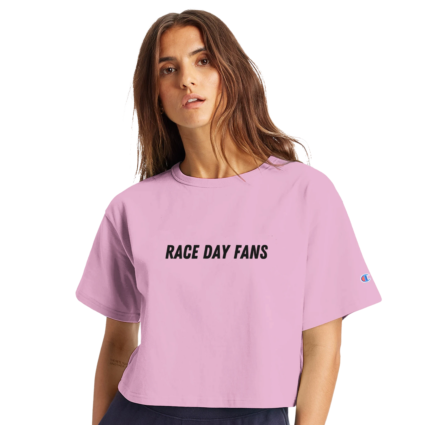 women's cropped pink F1 t-shirt featuring 2025 race schedule