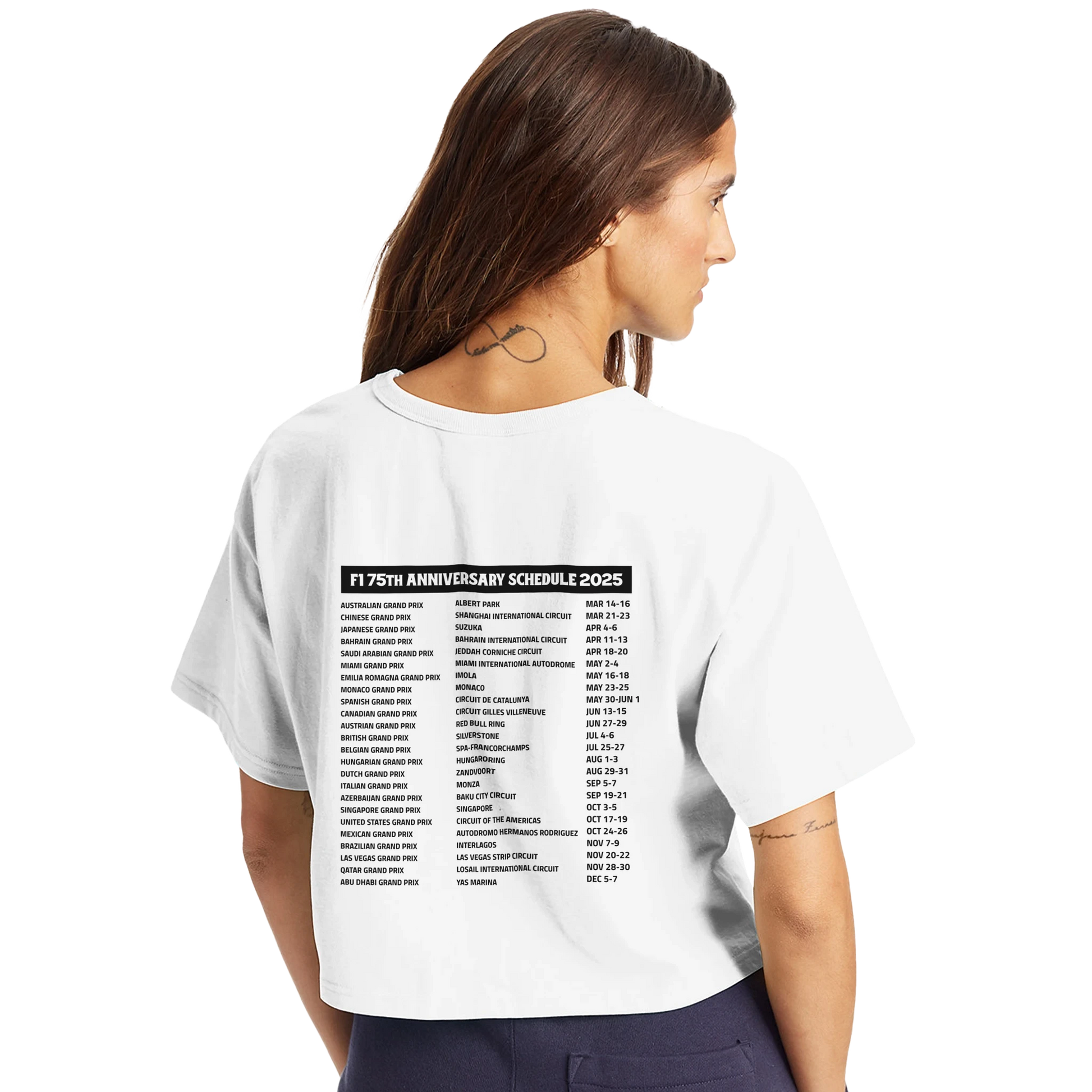 women's cropped white F1 t-shirt featuring 2025 race schedule
