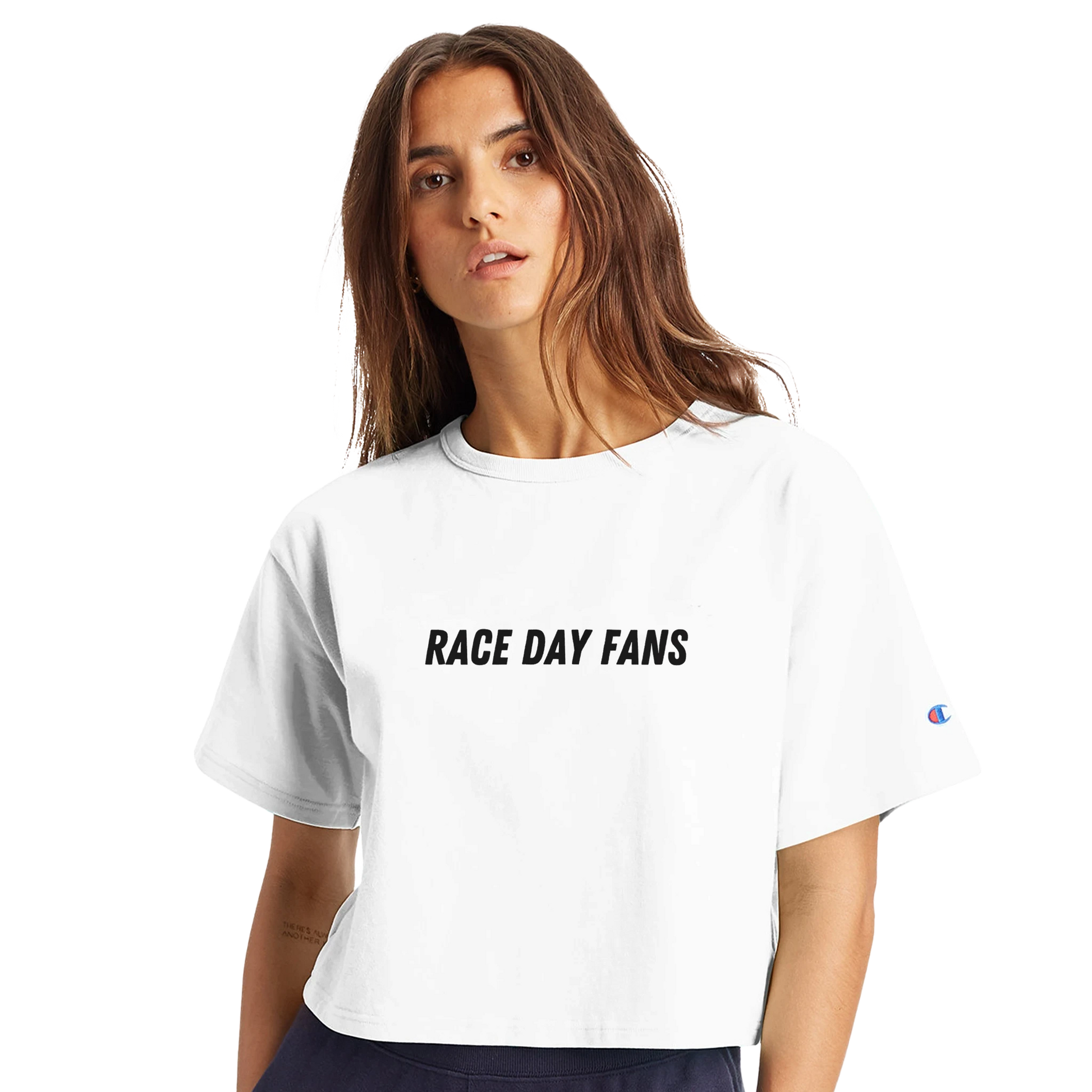 women's cropped white Race Day Fans t-shirt for F1 fans